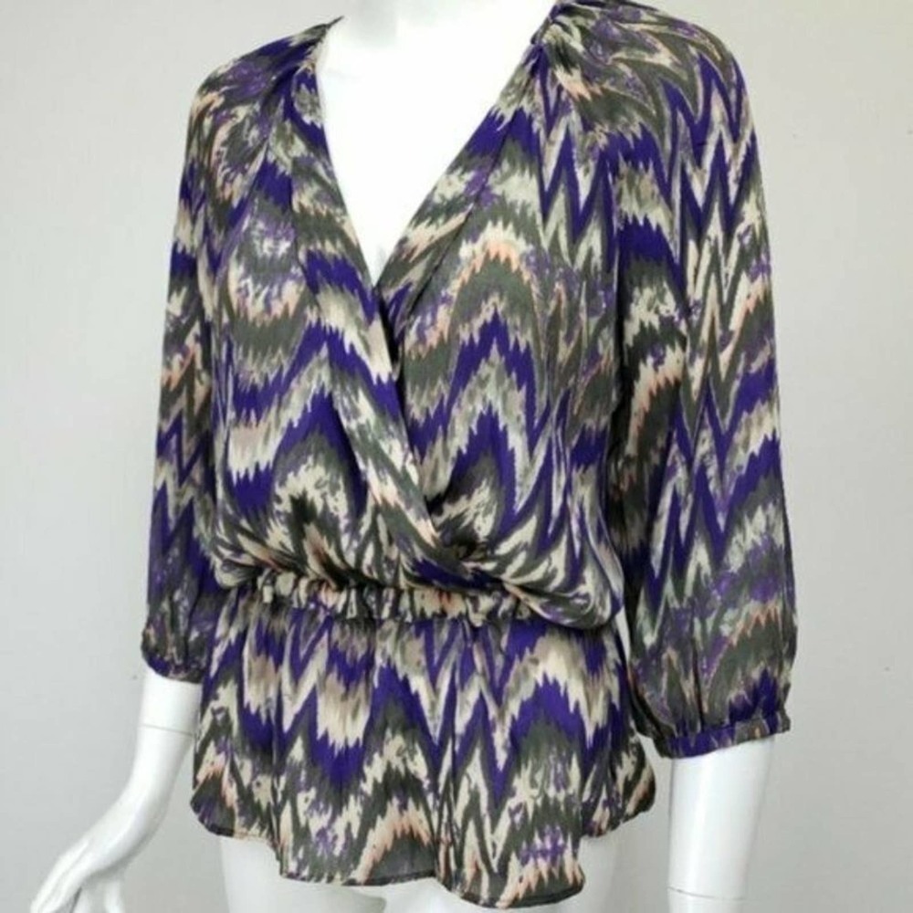 Parker Faux Wrap Chiffon 3/4 Sleeve Chevron Cinched Waist Blouse Top Size XS